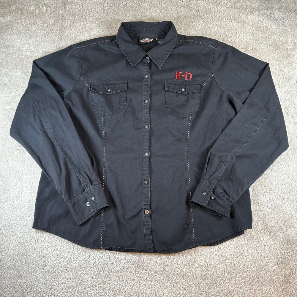 Vintage Y2K Harley-Davidson Button Up Shirt Women's XXL Black Embroidered Flames